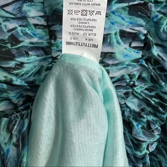 Pretty Little Thing Blue Green abstract Ruched Mini Dress Puff Sleeves - Picture 5 of 6